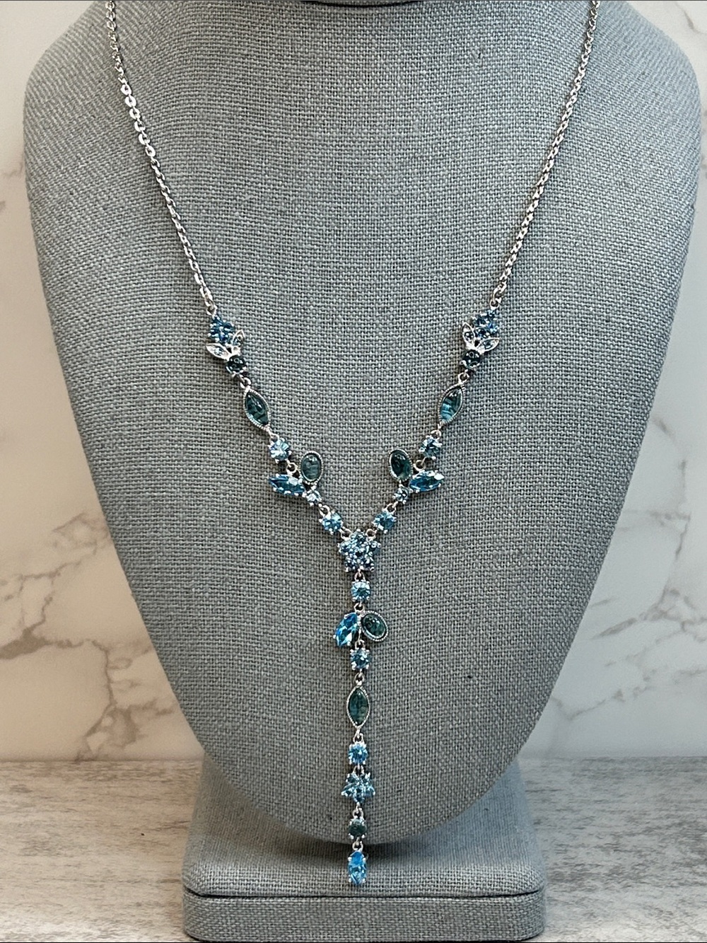 925 Sterling Silver Blue Crystal Y-Style Necklace